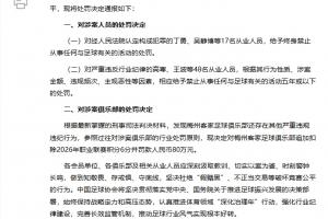足坛假赌黑第三批处罚名单：丁勇、曹阳、陈俊吉等17人终身禁足！